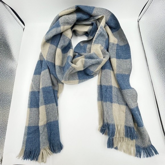 Unisex Fringe Scarf Blue Beige Viscose Plaid Long Rectangular 82 X 24.5 Inches - Picture 1 of 11